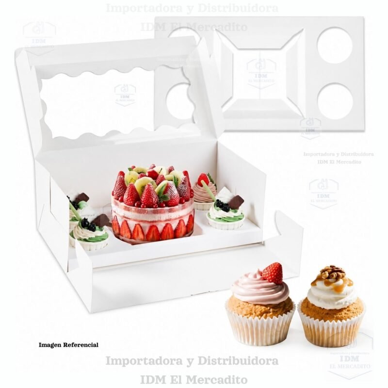 Caja para mini queque y cup cakes, 4 cup cakes + 1 mini queque, con tapa transparente