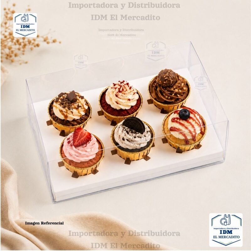 Caja cup cake 6 unidades, para muffins, con caja plastica transparente y bases de color blanco y dorado 27 x 18 x 10 cm