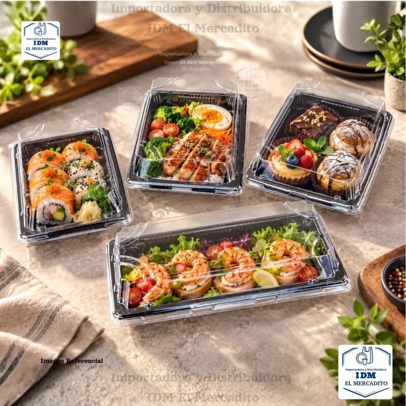 Bandeja de sushi negra de plástico con tapa para envases de comida para llevar