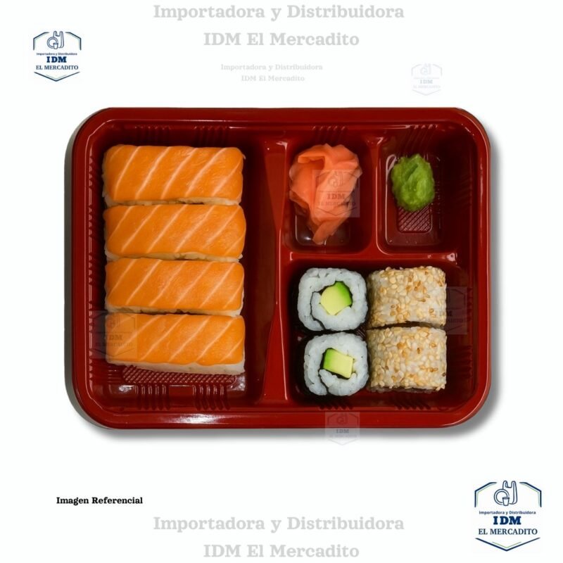 Contenedor con 4 divisiones sushi (7) Contenedor plástico con 4 divisiones, especial para sushi, Bento u otros alimentos, con tapa plástica transparente