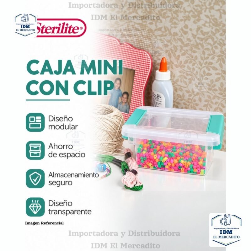 Caja organizadora Sterilite mini, estilo clip box, 16.8 × 12.7 × 7 cm.